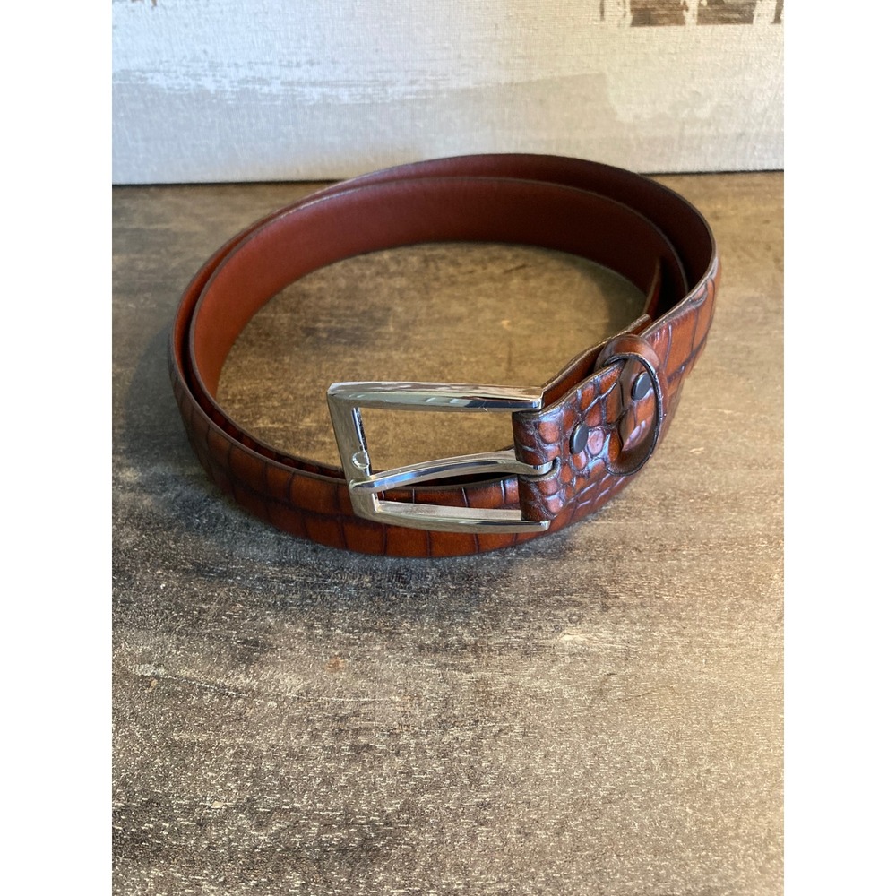 Torino Mens Belt 44 Cognac Brown Embossed Italian Kipskin Leather Made in USA
